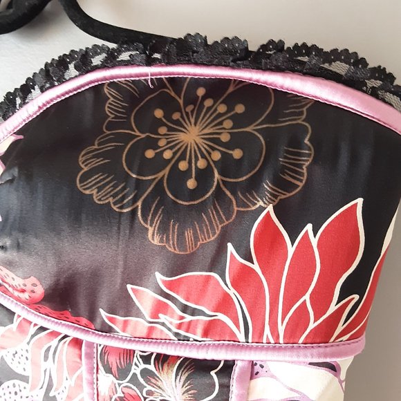 Bebe 100% Silk Black Pink Strapless Floral Flowy Dress Size Large - Picture 7 of 16